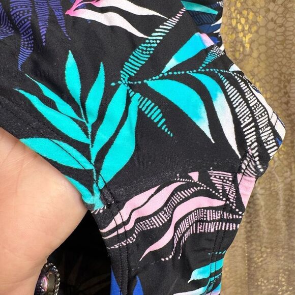 Swimsuits For All Black Pink Blue Tropical Leaf Print One Piece Monokini Size 14 - Picture 7 of 8